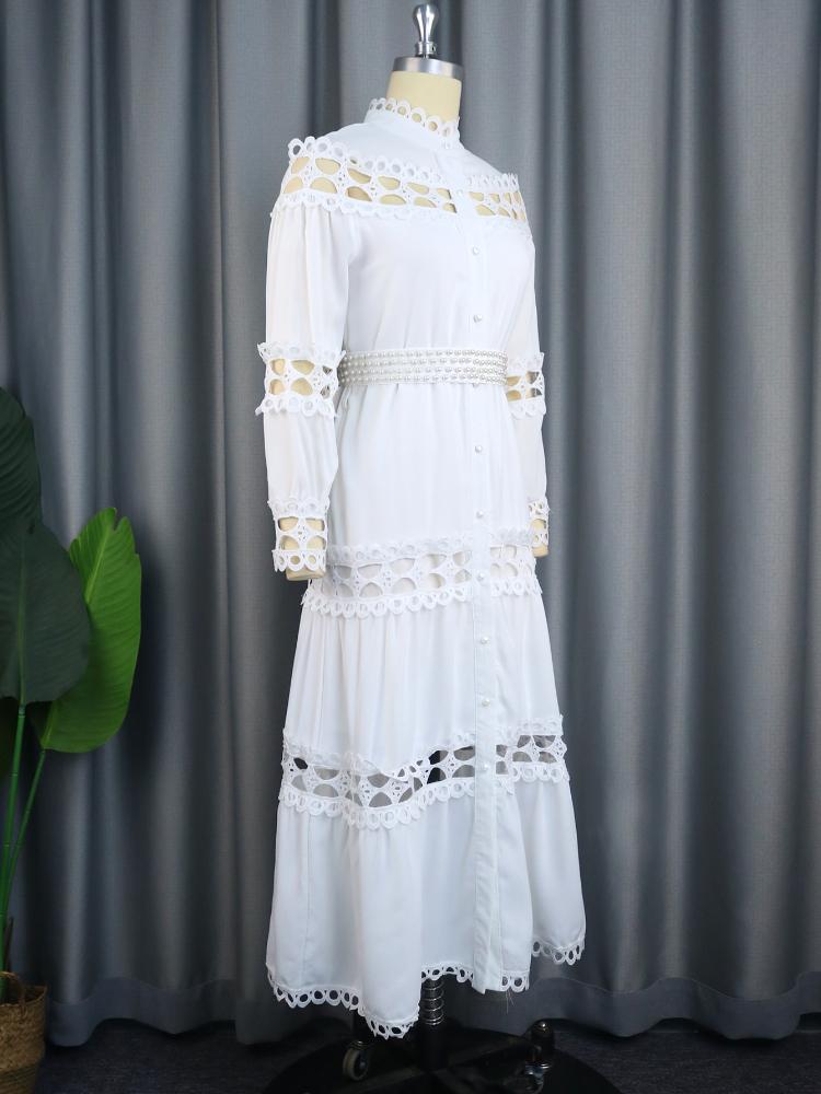Chic Women Hollow Out Lace Splice Mock Neck Long Sleeve A Line Midi Dress with Belt Casual Party Club Outfits Plus Size