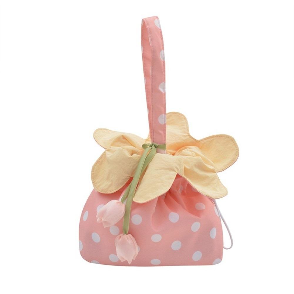 Floral Trim Flower Drawstring Crossbody Bag Flower Pendant Canvas Shoulder Bag Vacation