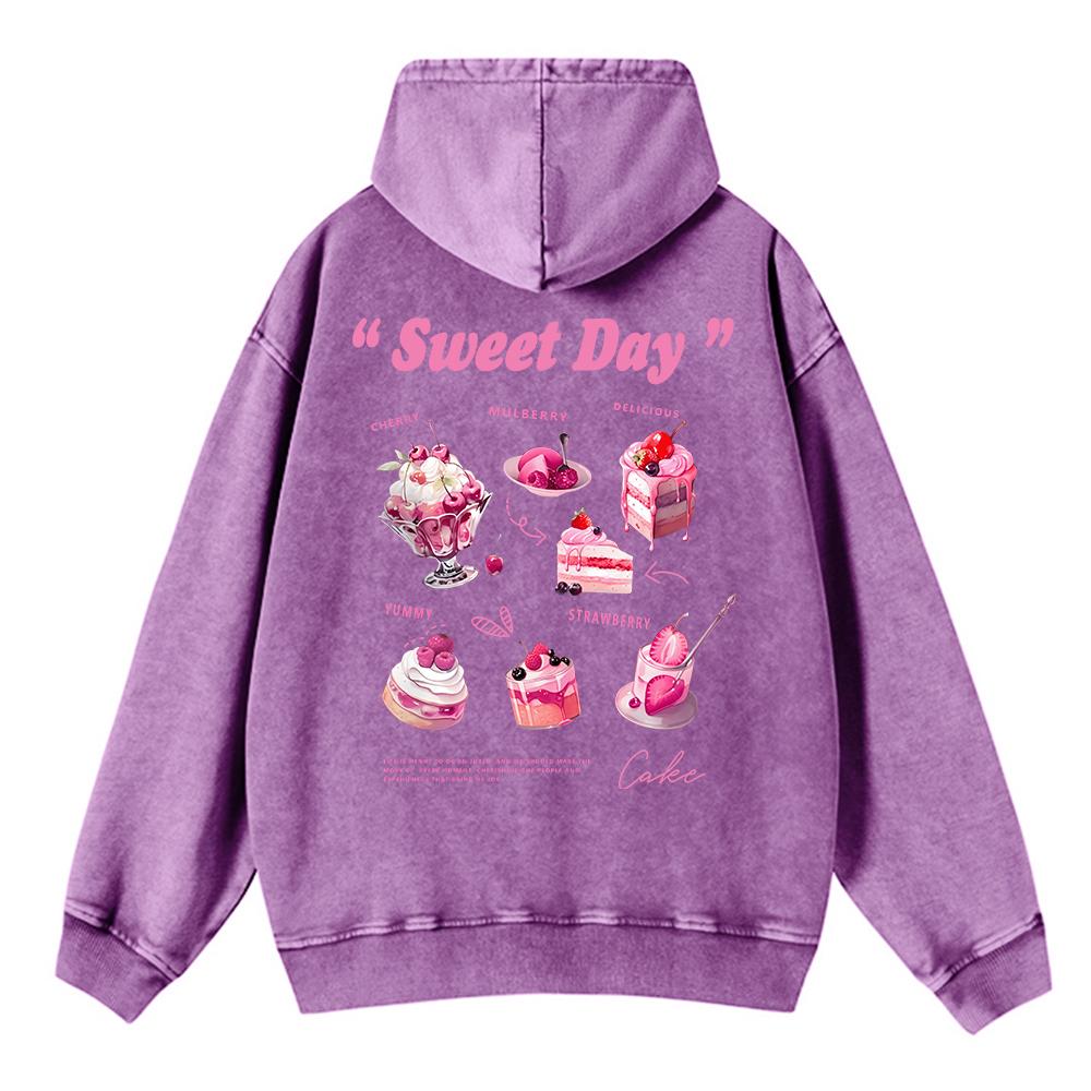 Bawełniana Damska Bluza z Kapturem Sprana Słodki Dzień Różowa Nadruk Ciasta Lodowego Streetwear Oversize Kieszeń Ciepły Sweter Ubrania