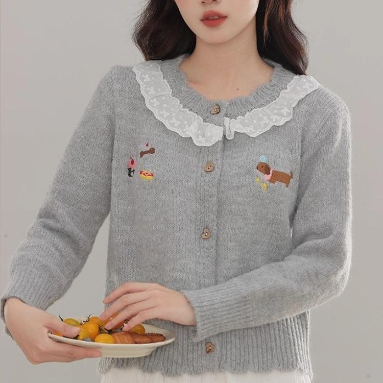 

корейский свитер с кружевной каймой и вышивкой, короткий кардиган, женский, осенне-зимний, молодежный, женский свитер, серый, милый, ретро, вязаная куртка One Size