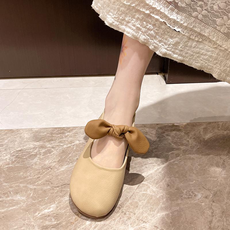 Fashion Fashion Bowknot Pearl Flat Bottom Baotou Half Slippers Women New 2024 Summer Shallow Mouth Mary Jane Single Shoes Casual Slides