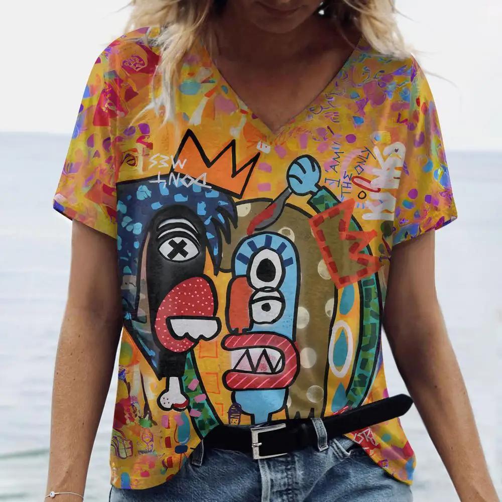 

Летняя женская модная футболка с преувеличенным художественным принтом, топы, футболки, женская винтажная одежда с коротким рукавом, женская повседневная уличная одежда 3XL