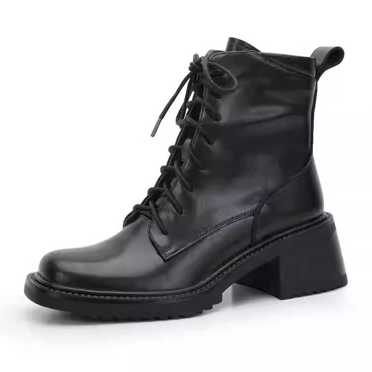 6 heightening cm fried street black Martin boots women's 2025 new autumn and winter British style soft leather square head high-heeled short boots
