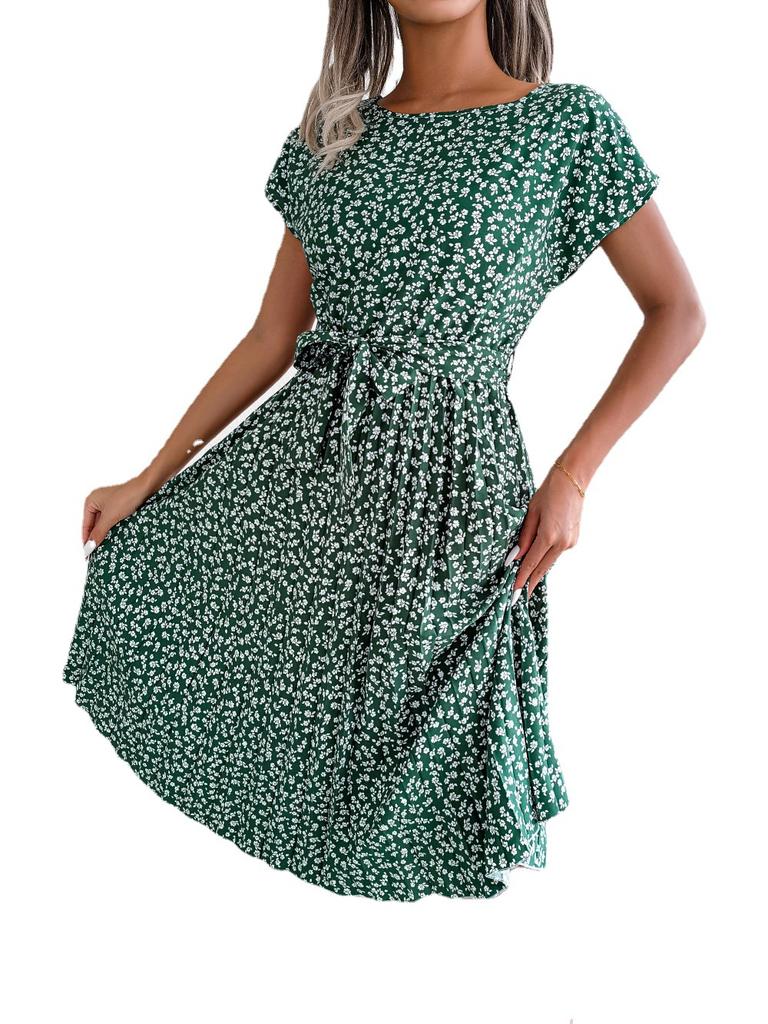 Fashion Floral Pleated A Line Long Dress Women Spring Summer Short Sleeve High Waist Chic Dress 2024 Casual Blue Bohemian Dress