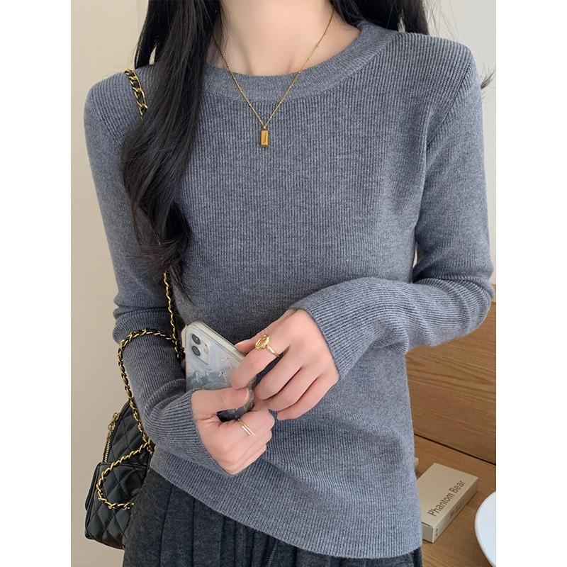 Front Shoulder Slim-fit Basic Sweater Women's Spring Round Neck Slim Inner Bottoming Shirt Simple Versatile Top