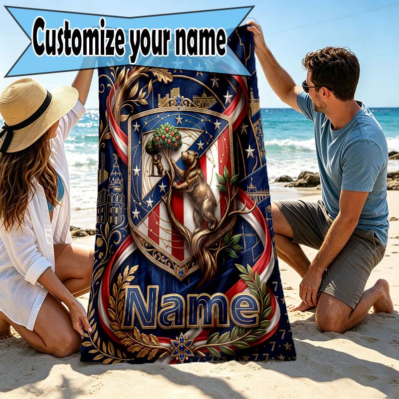 Custom Name Personalized Atletico Madrid Print Beach Towel, for Trip Camping Beach Party Home Decor, Birthday Gift for Family & Friends
