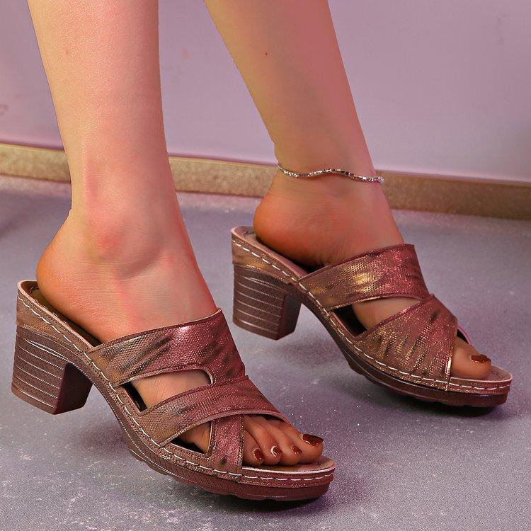 

Женские летние новые повседневные шлепанцы на толстом каблуке большого размера с ремешком через подъем и открытым носком 43 темно-коричневого