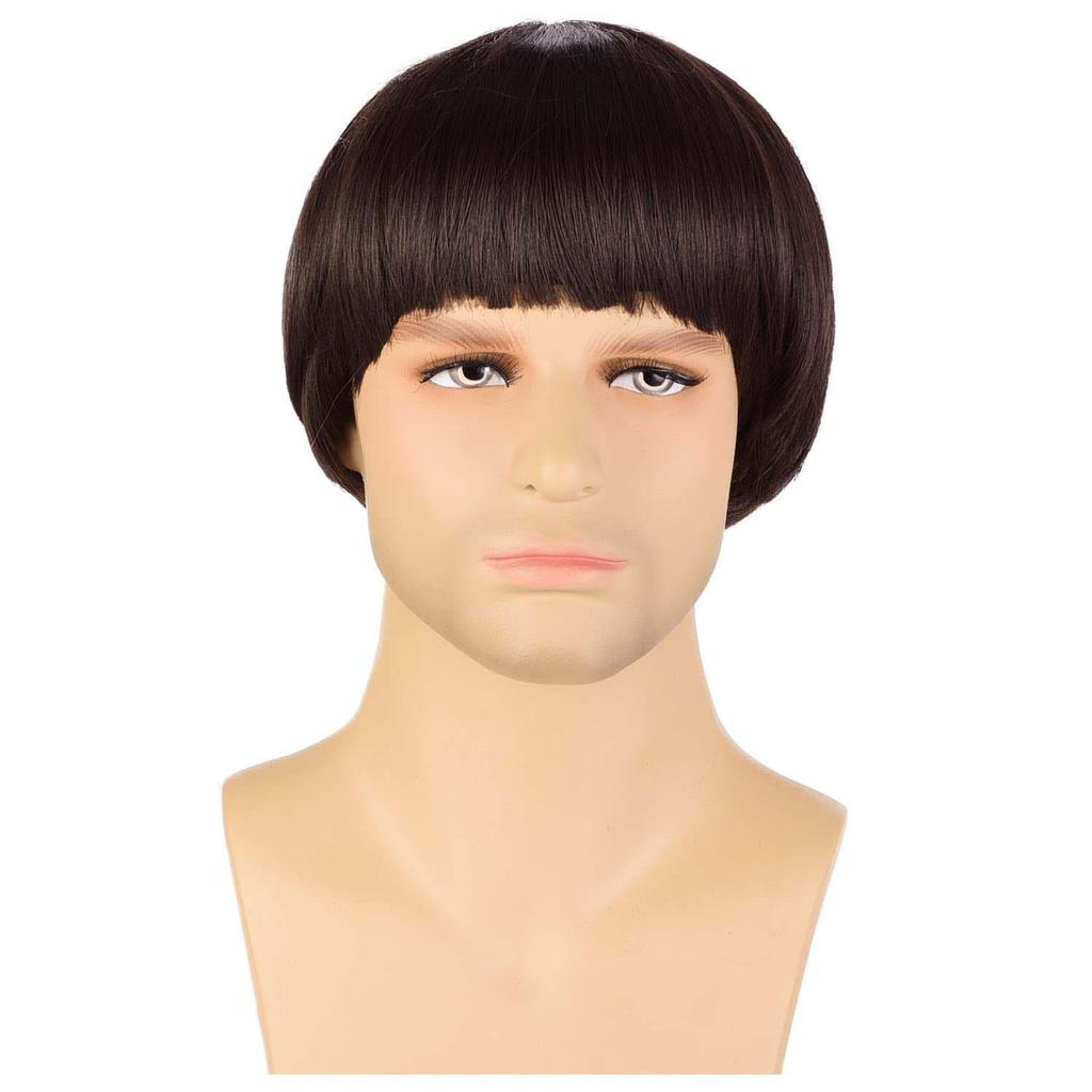 Synthetische Korte Bruine Paddenstoel Cosplay Pruik voor Mannen, Komvormig Kapsel, Anime Retro Pruik, Geschikt voor Films, Feest, Meerkleurige Pruik