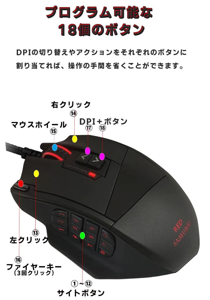 RED SAMURAI Gaming Mouse Wired Mouse 16400dpi 1000Hz 18 Program Buttons Side Buttons Weight Adjustment Stable Grip Backlight Customization Program
