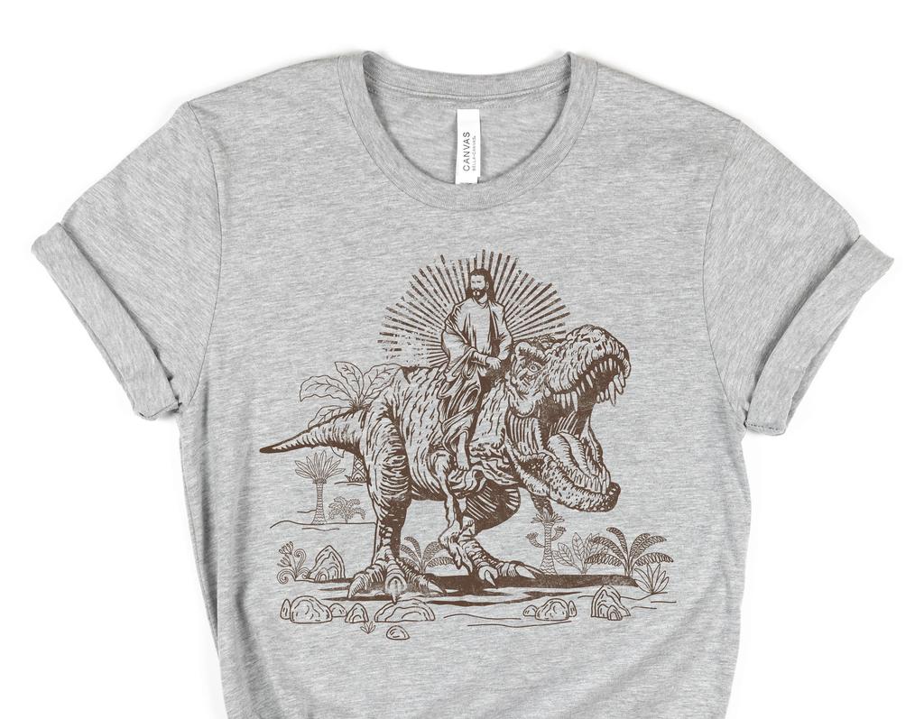 Jesus Riding T Rex Dinosaur Shirt | Cool Men Tee Christ T-shirt Funny Meme Shirts Tyrannosaurus Rex Tshirt Animal Men Shirts
