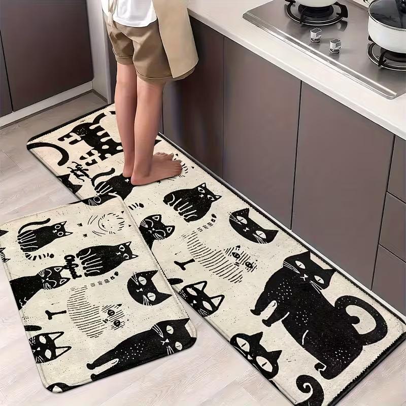 Cute Healing Cartoon Cat Line Up Kitchen Mat Non‑Slip Absorbent Runner for Kids Room Pet Area