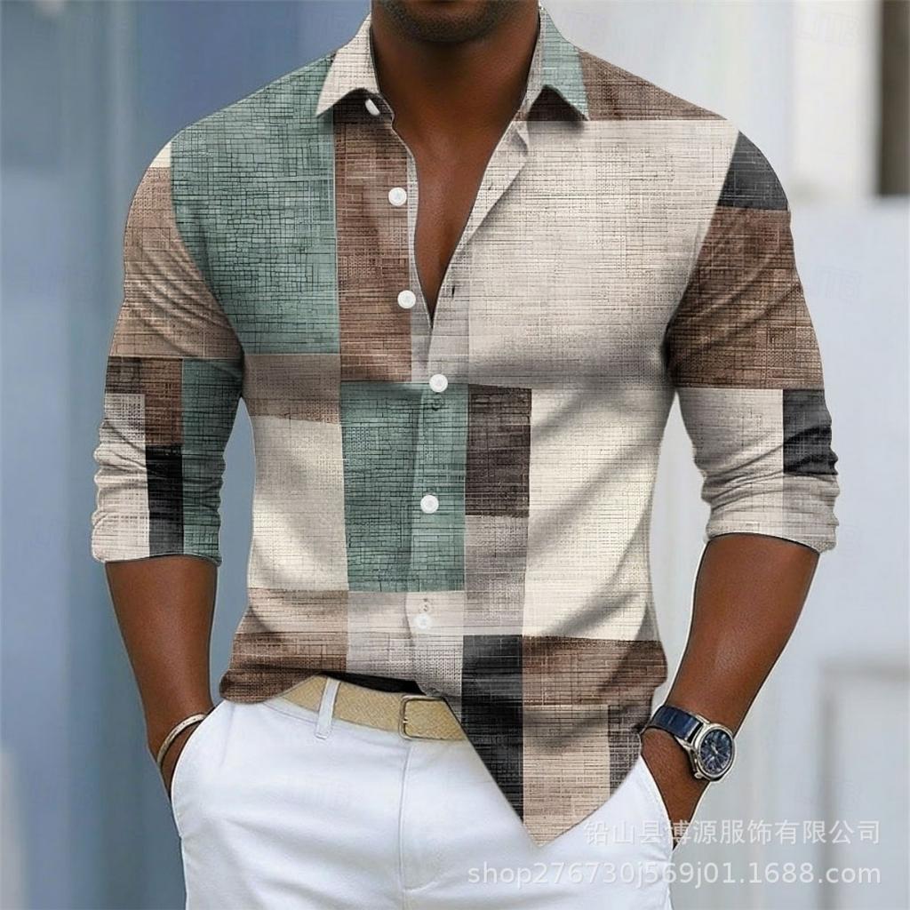 Stylish Men's Long Sleeve Patchwork Shirt, Casual Button-Up