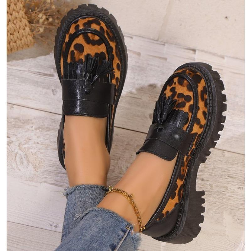 Fashion Women's Fashion Leopard Patchwork Slip-on Loafers Chunky Heel Platform Flats 2025 New Moccasins Casual Shoes Plus Size Zapatos