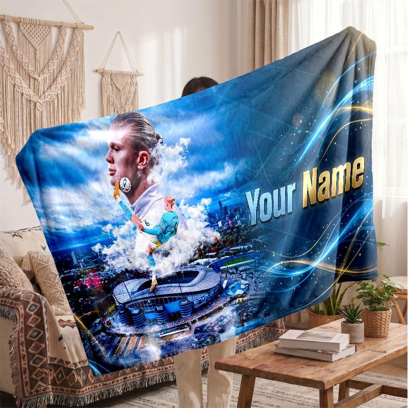 Erling Haaland Personalized Fleece Blanket With Football Logo, Custom Name Text Soft Warm Home Throw Blanket