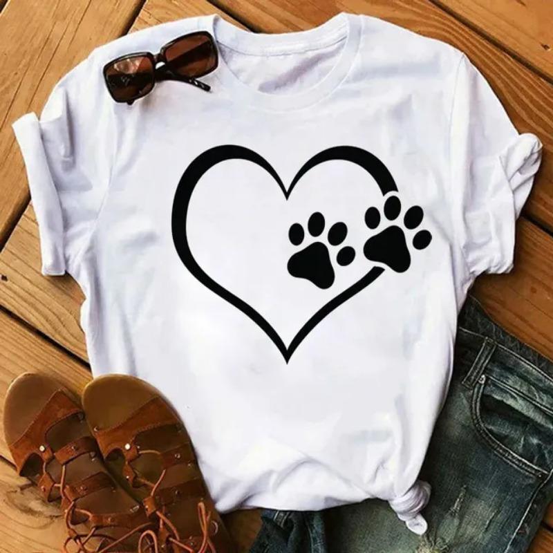 Women T Shirt Cartoon Tops Colorful Heart Dog Paw Print T-shirt Female Summer T-shirt 90s Girls Short Sleeve Tee Black T-shirts
