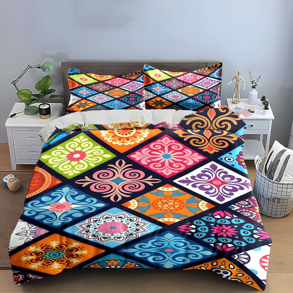 Colorful geometric floral tiles. Bedding sets Duvet cover sets Duvet covers Pillowcases(1 * Duvet Cover 2 * Pillowcases without duvet insert)