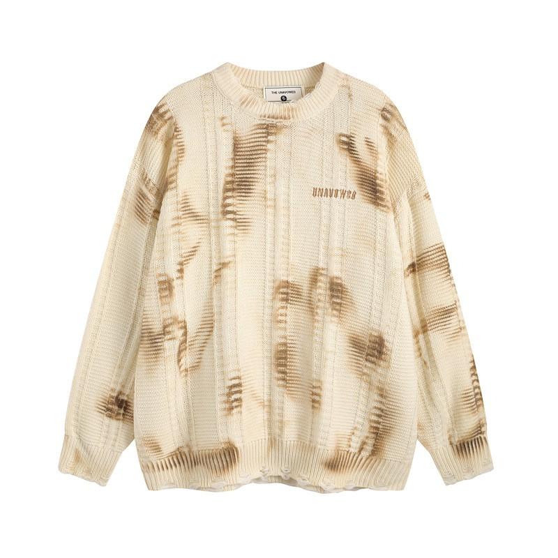 Oversized Cropped Knit Sweater With Distressed Hem Tie-Dye Unisex Streetwear
