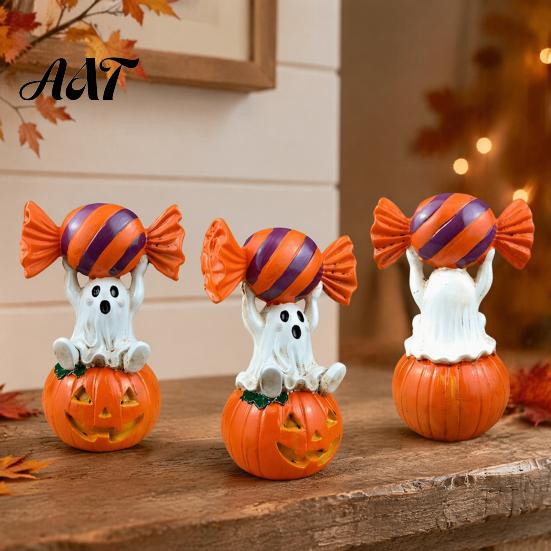 Small Gift for Children Halloween Ghost Figurine, Cute Sitting on Pumpkin Holding Candy Party Supplies Statue, Spooky Resin Table Ornament Indoor