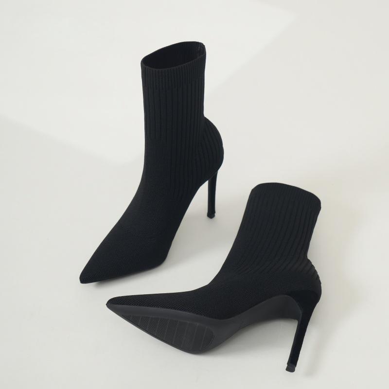 Socks Boots Knitted Short Boots Women's Boots Autumn and Winter Thin Heel Elastic Boots Black High Heels Socks Boots Show Legs Long Thin Boots