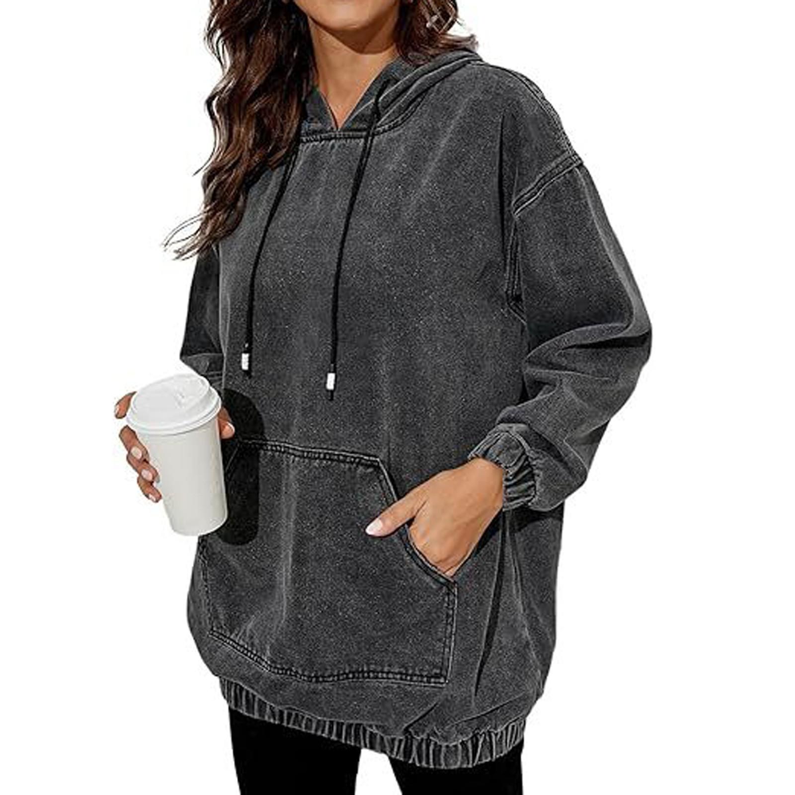 

Женский модный повседневный худи-пуловер винтажной стирки со спущенным плечом и длинными рукавами, свободный свитер M чёрный