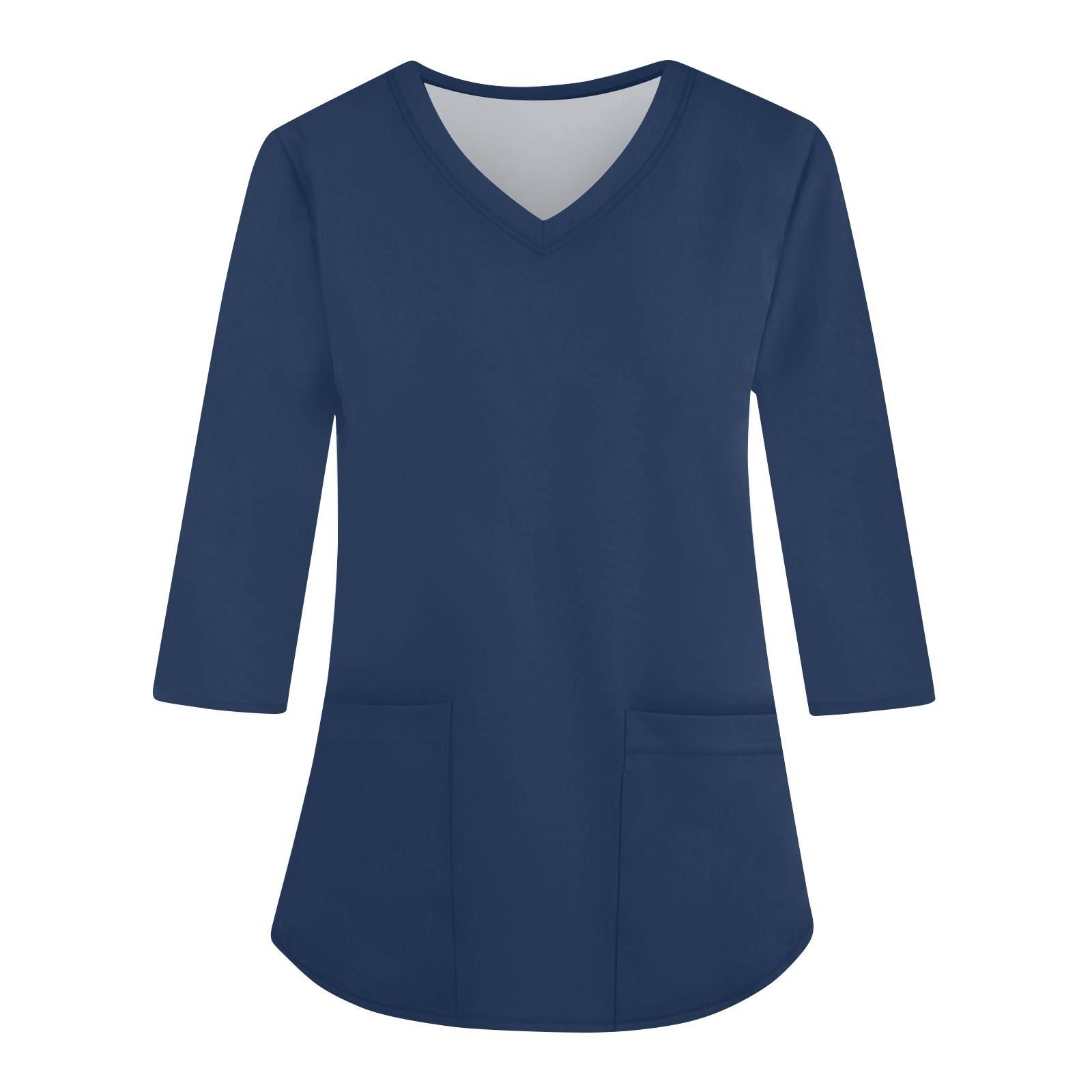 

Модная женская однотонная рабочая одежда с v-образным вырезом и рукавами три четверти, свободный топ с карманом и принтом M тёмно-синий