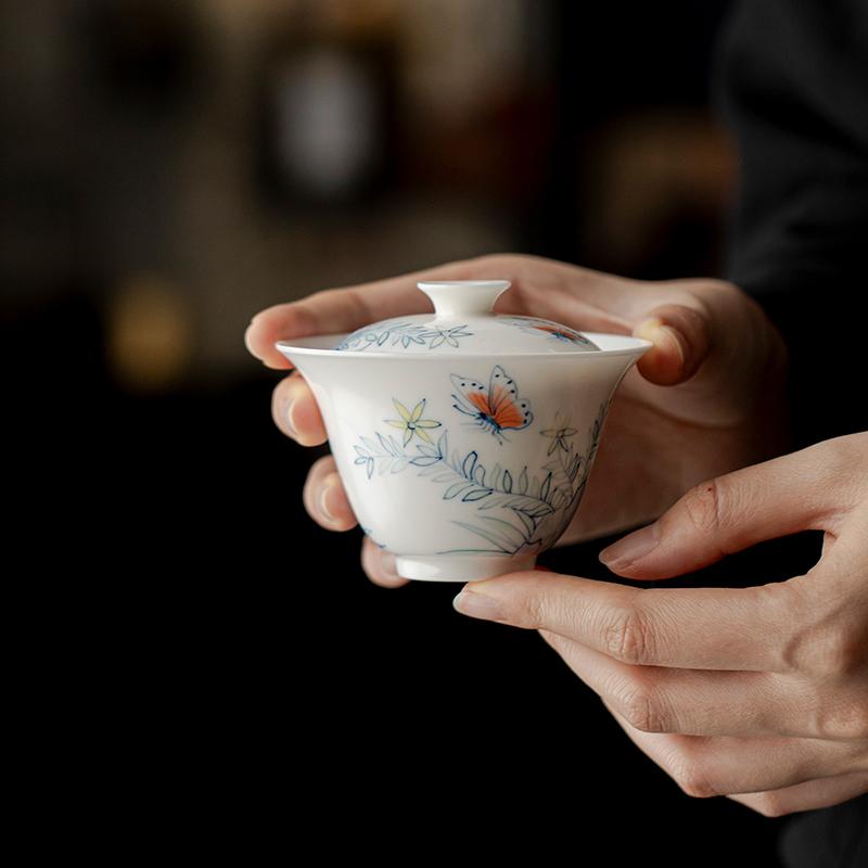 Pure Hand Painted Butterfly Flowers Jade Porcelain Gaiwan Chinese White Tureen Tea Bowl Kung Fu Tea Chawan Tea Cups Tea Ceremony