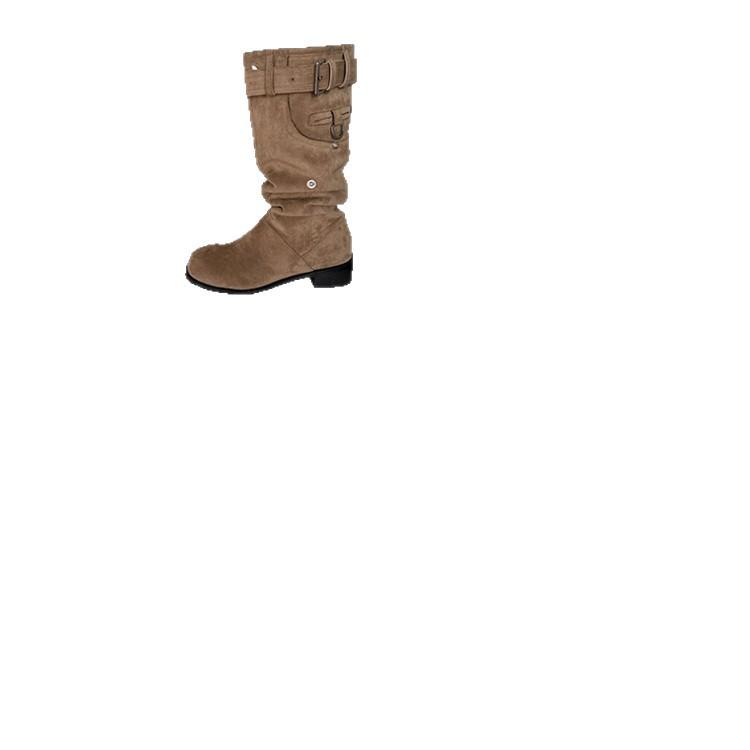 Maillard Belt Buckle Pleated Pile Boots Women's 2025 New Matte Long Knight Boots Wide Tube Thick Heel Western Boots