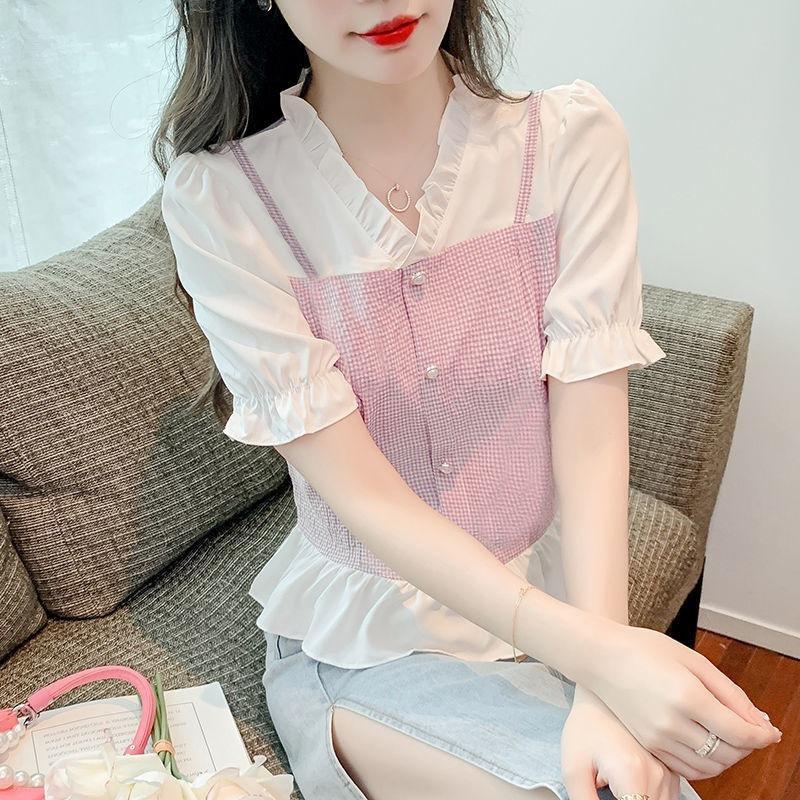Short-sleeved Shirt for Women Summer New Design Sweet V-neck Fake Two-piece Top
