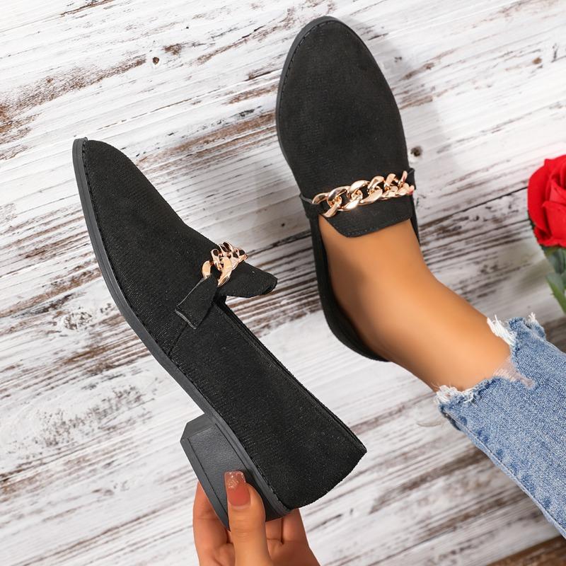 Fashion Women's Coarse Heel Shoes Autumn New Pointed Head Shallow Mouth Metal Chain Anti-slip Wear-resistant Low-top Shoes