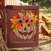 Thanksgiving Wreath for Home Decor Wooden Pumpkin Halloween Door Sign with LED Lights, Artificial Floral Hanging Autumn Flowers Wall Ornament