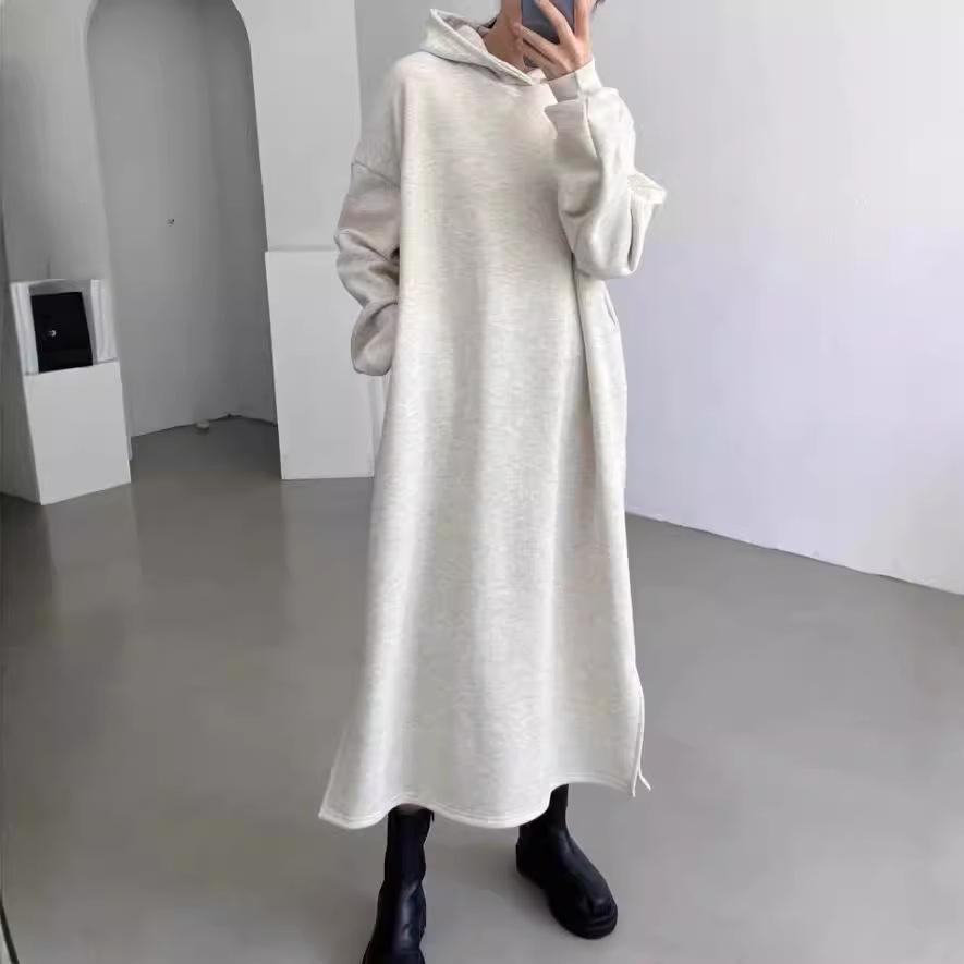 Chic Korean Hooded Sweatshirt Dress - Solid Color, Simple, Loose Fit, Long, Casual for Women (Spring/Autumn/Winter 2025)