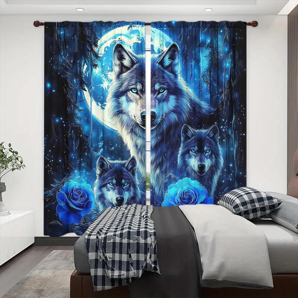 2pcs Under the Moon Wolf King Rose Curtain - Artistic Home Decoration Curtains, All Season Decorative Curtains