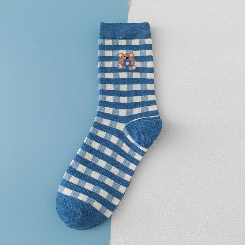 Damen Frühling und Herbst Neue Karierte Blaue Bären Atmungsaktive Röhren Baumwollsocken
