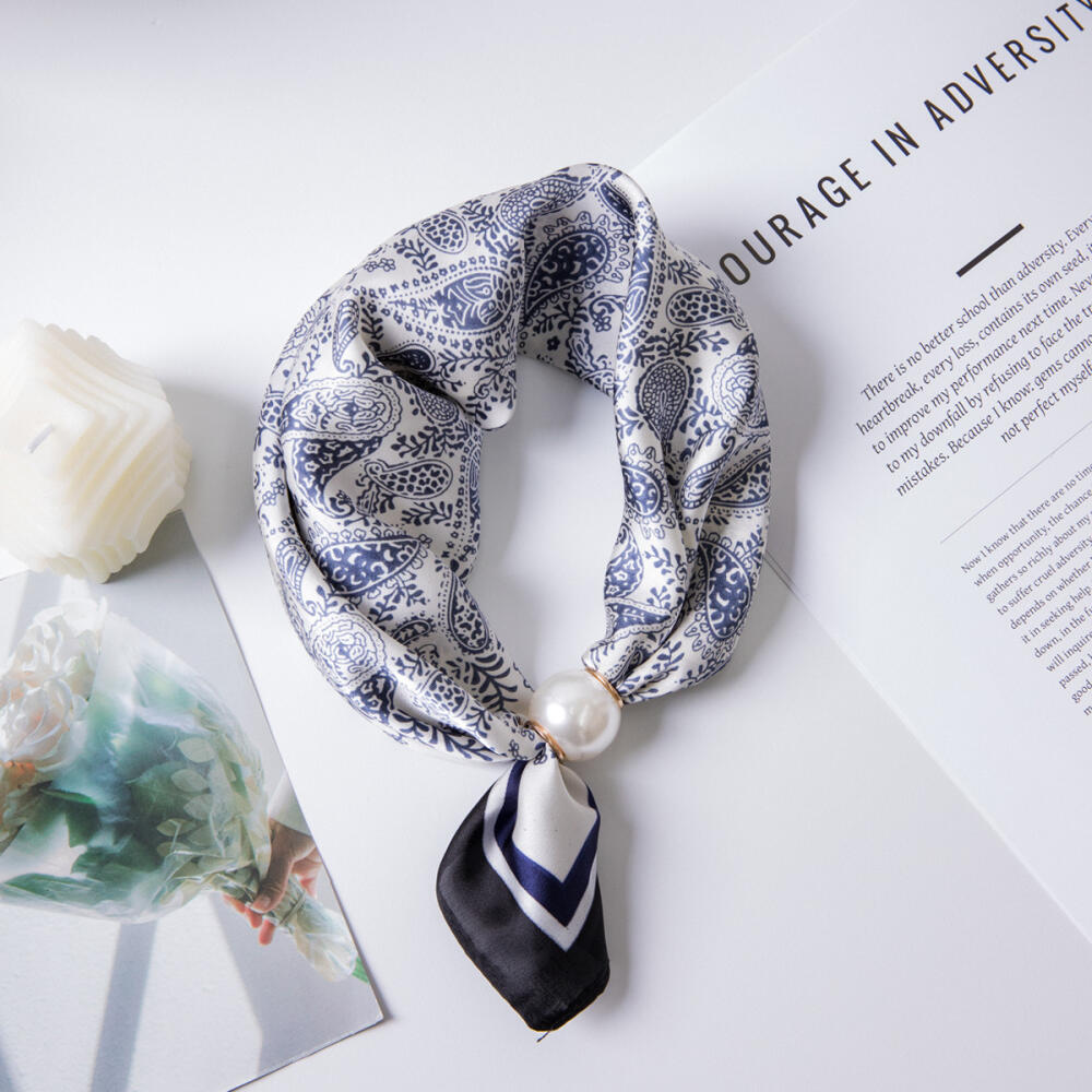 Pearl Magnetic Buckle Silk Scarf Double Square Scarf Necklace Chain Scarf Neck Pattern Small Scarf