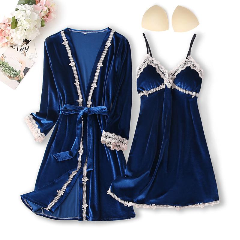 New Autumn Velvet Pajamas Two-piece Robe Set Feminine Lace See-through Robe Bathrobe Casual Velvet Home Clothes