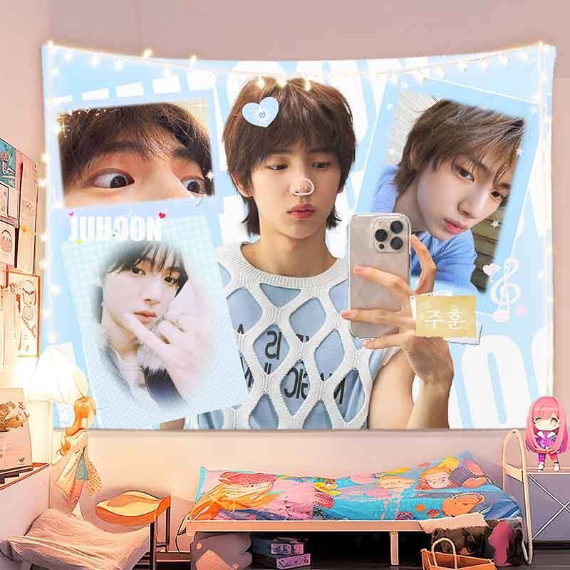 K-Pop Idol Photo Collage Tapestry Blue Background Fan Print Wall Hanging for Bedroom Fans Room Decor