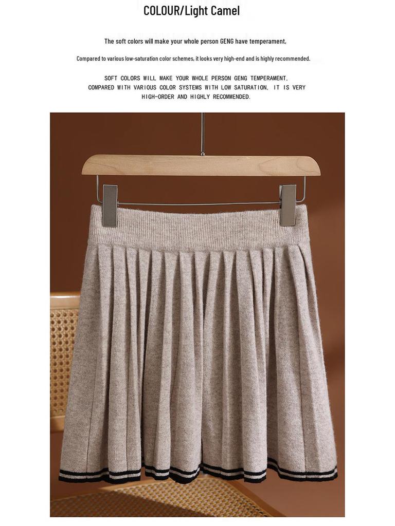 Color-Blocked Pleated Wool Knit Skirt - Elastic Waist, Korean Style, Autumn/Winter Casual Mini Skirt for Women