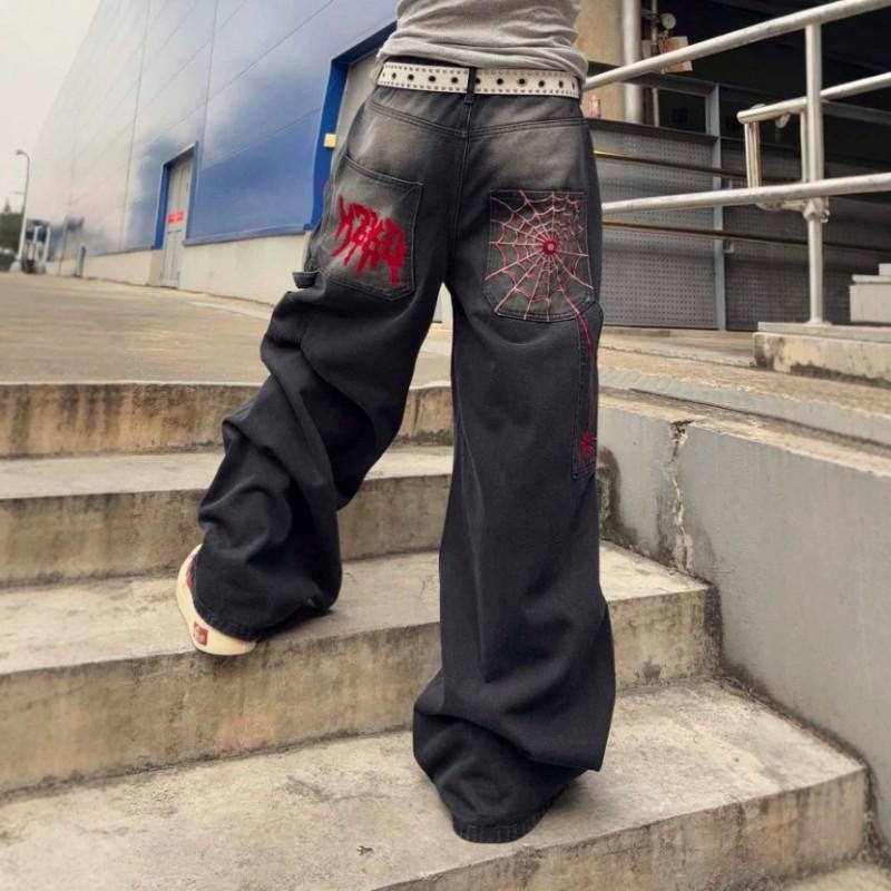 2026 Distressed Low Waist Jeans Streetwear Spider Web Denim Pants Men Women