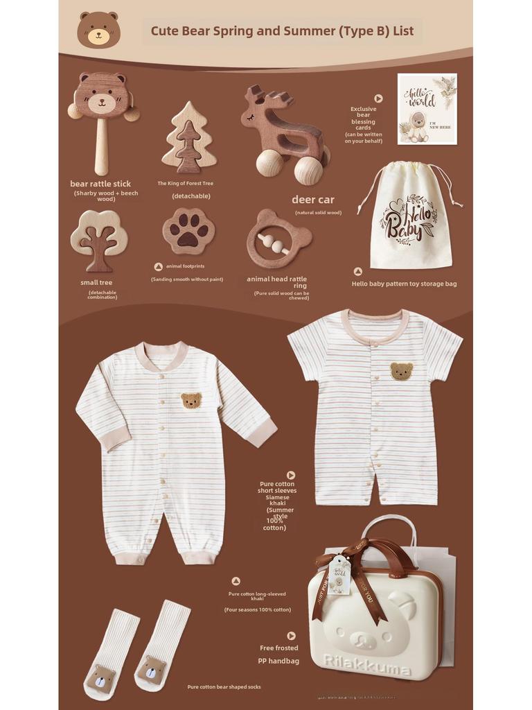 Conjunto de presente de urso de algodão orgânico com brinquedo de madeira em mala – presente unissex de primavera para o inverno