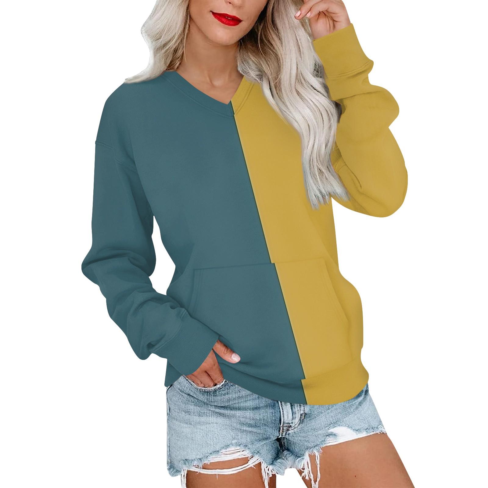 

Women s Casual Fashion Stitching Color V-Neck Long Sleeve Sweatshirt Light Pullover With Pockets S Темно-синій