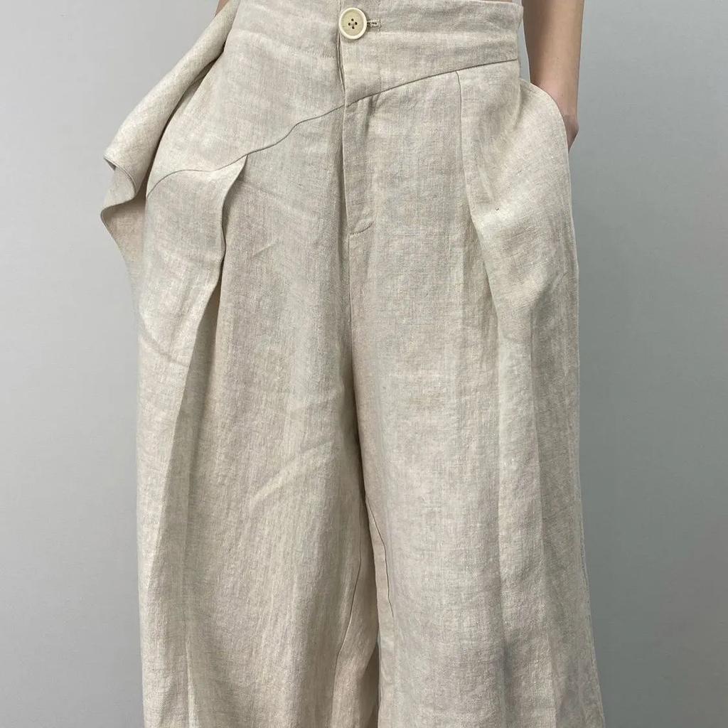 Spring and Autumn Women's Casual Pleated Wide Leg Pants Linen Texture Loose High Waist Trousers