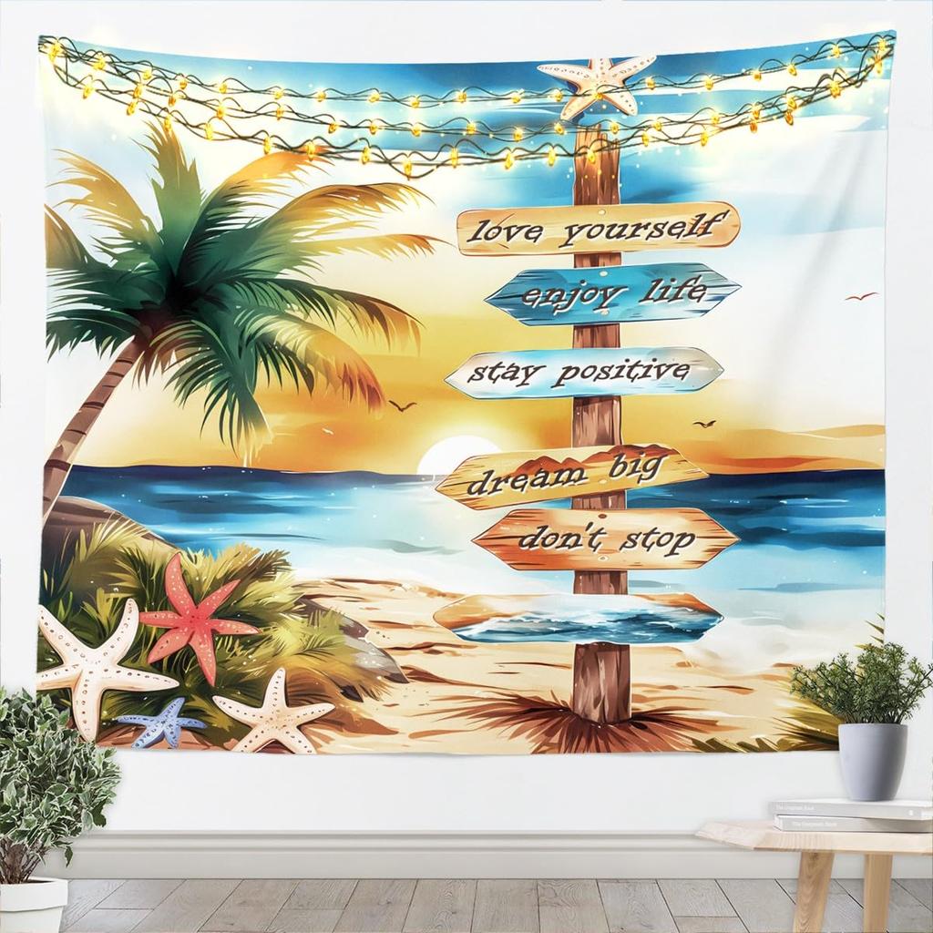 Tropical Sea Tapestry Blue Wave Palm Trees Wall Hanging, Summer Ocean Theme Cartoon Wall Blanket Home Artwork, Kids Girls Room