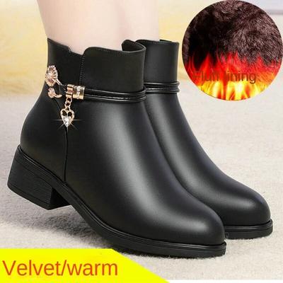 Mother's Cotton Shoes Middle Aged and Old Women's Shoes Leather Soft Bottom Middle Heel Cotton Boots Thick Heel Short Boots Winter Plush Boots