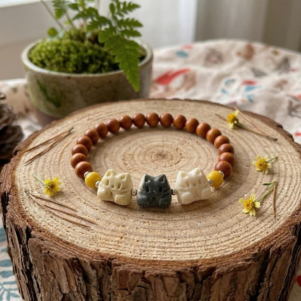 Hand Jewelry Cute Biscuit Cat Bracelet Wristband Adjustable Cat Beads Bracelet Retro Women Hand Bracelet Hand Accessory