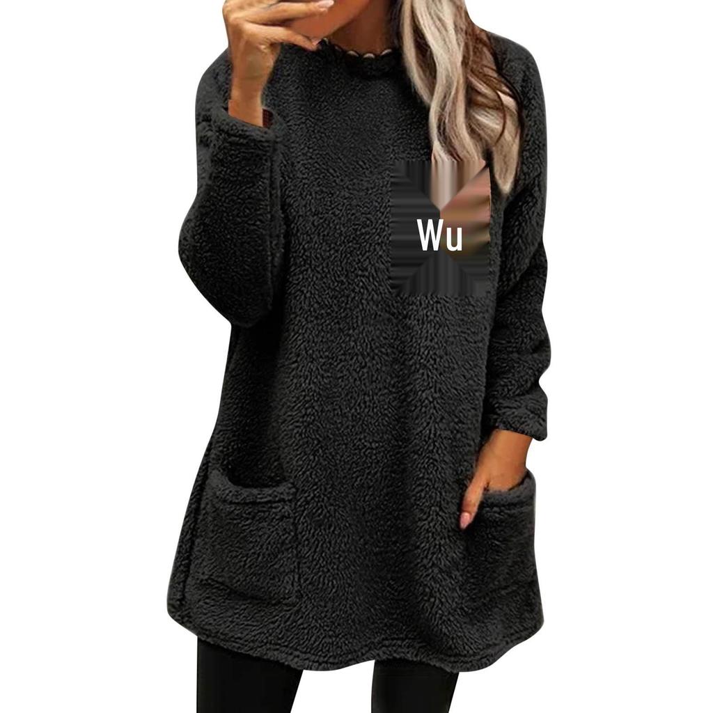 Women's Cartoon Print Round Neck Plush Hoodie with Pockets - Autumn/Winter Collection