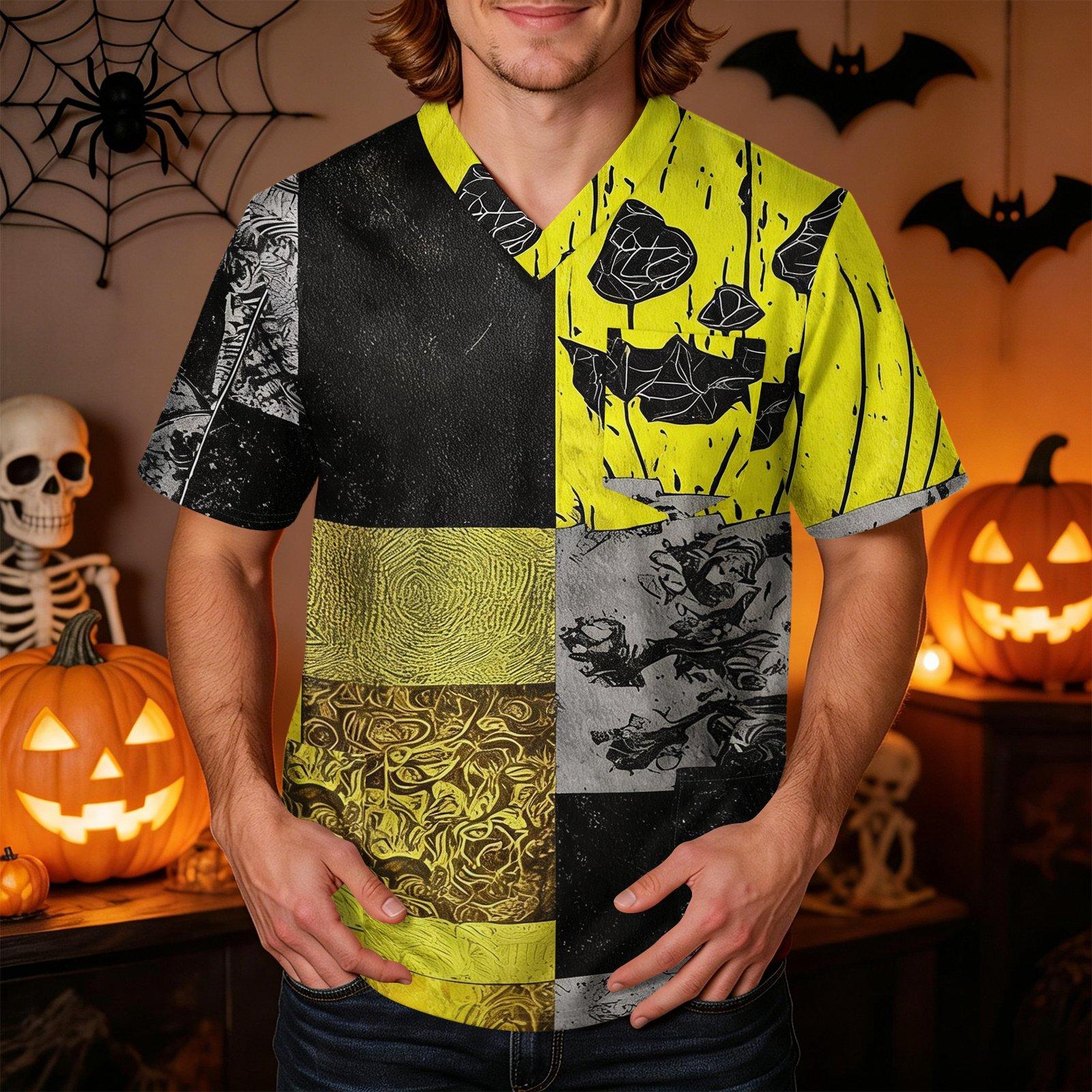 Men s Short Sleeve V-Neck Gradient Print Pocket Work Shirt Top XXL