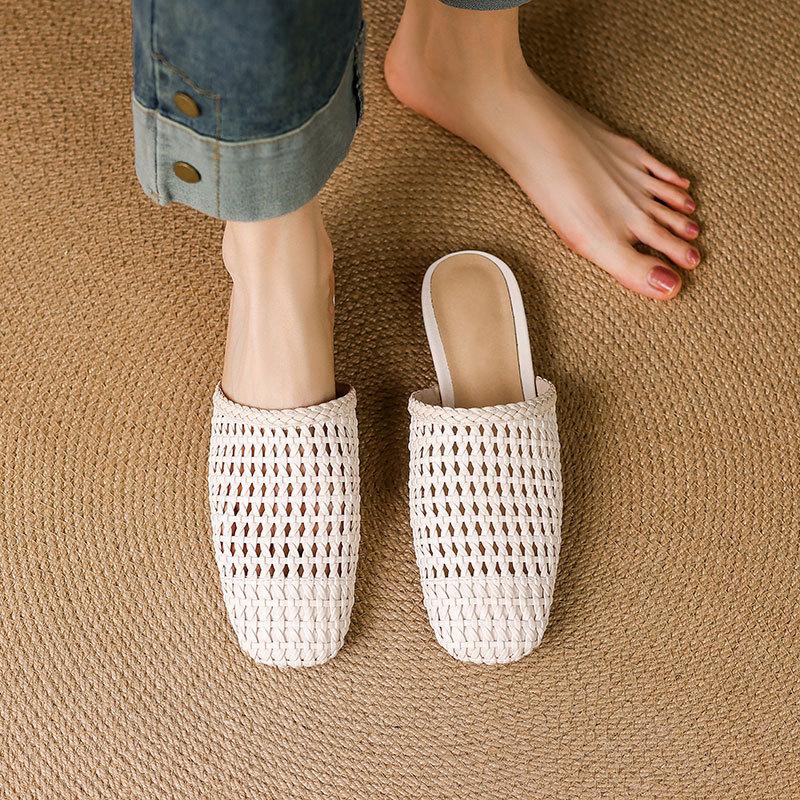 Soft Leather Version~ Hand-woven Mesh Yarn Bag Head Sandals Women's French Versatile Hollowed-out Outer Wear Square Head Flat Bottom Half Slippers