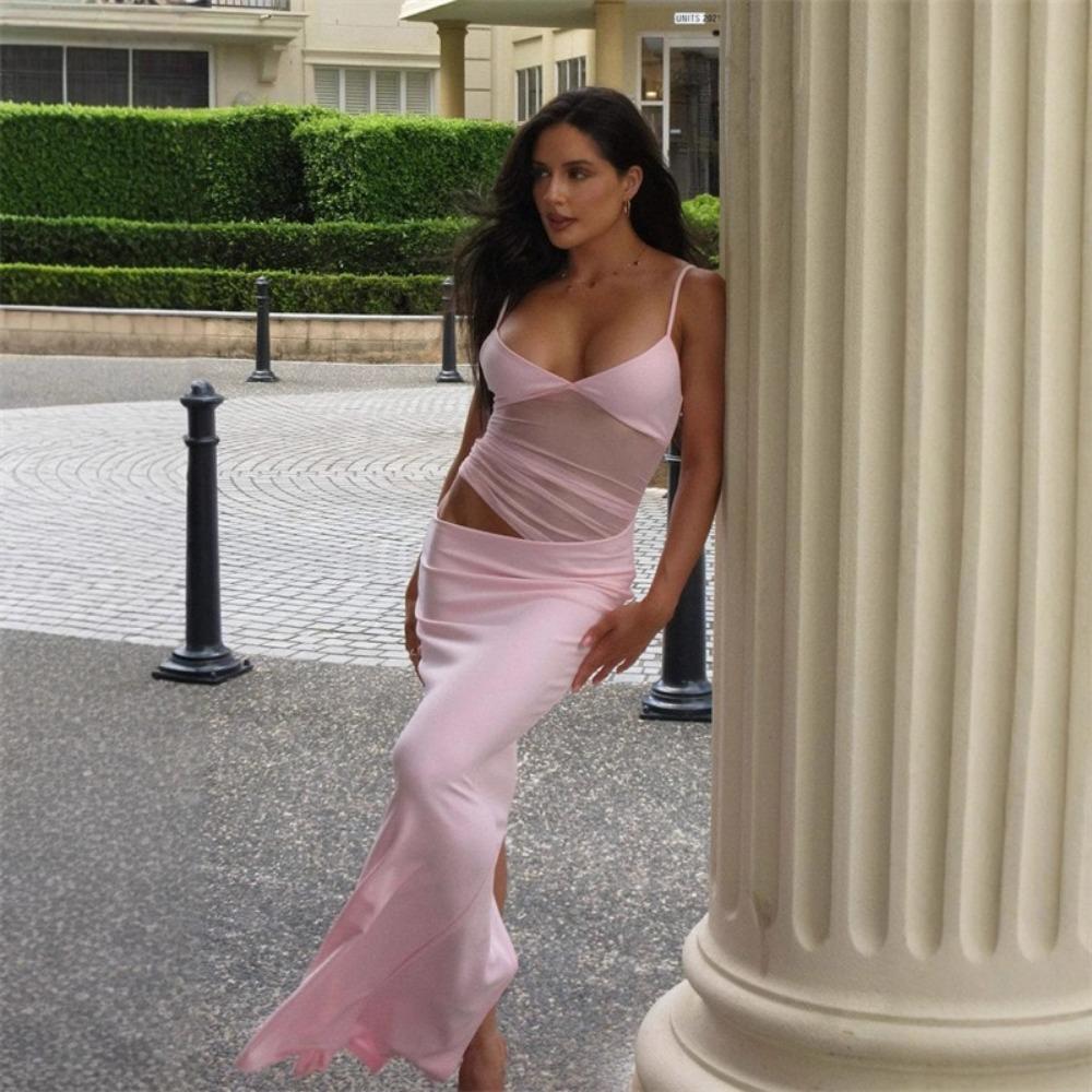 Síťované patchworkové šaty Dámské Sexy Bez zad Duté Bez rukávů Letní Trend Skinny Strečové Elegantní Klubové oblečení Maxi Bodycon