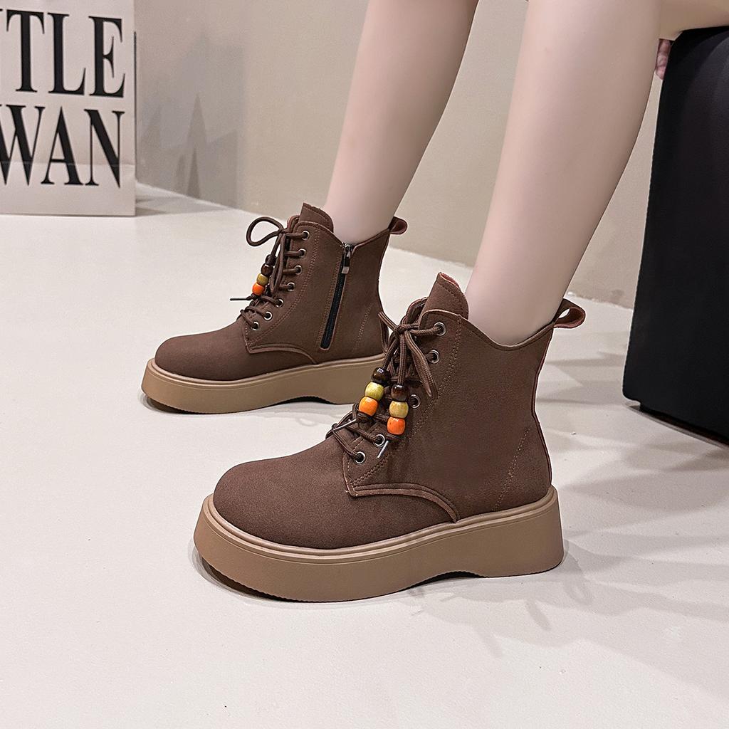 Women Thick Heel Boots Spring Autumn Quality Nubuck Cow Suede Round Toe Handmade Retro Chunky Platform Ankle Boots Lady