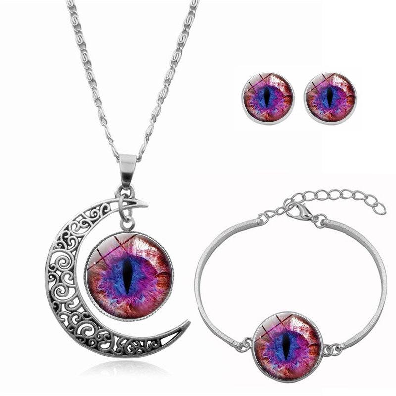 

Cat Eye Dinosaur Eye Time Gemstone Necklace Bracelet Earrings Three Piece Set Fashion Jewelry Kit